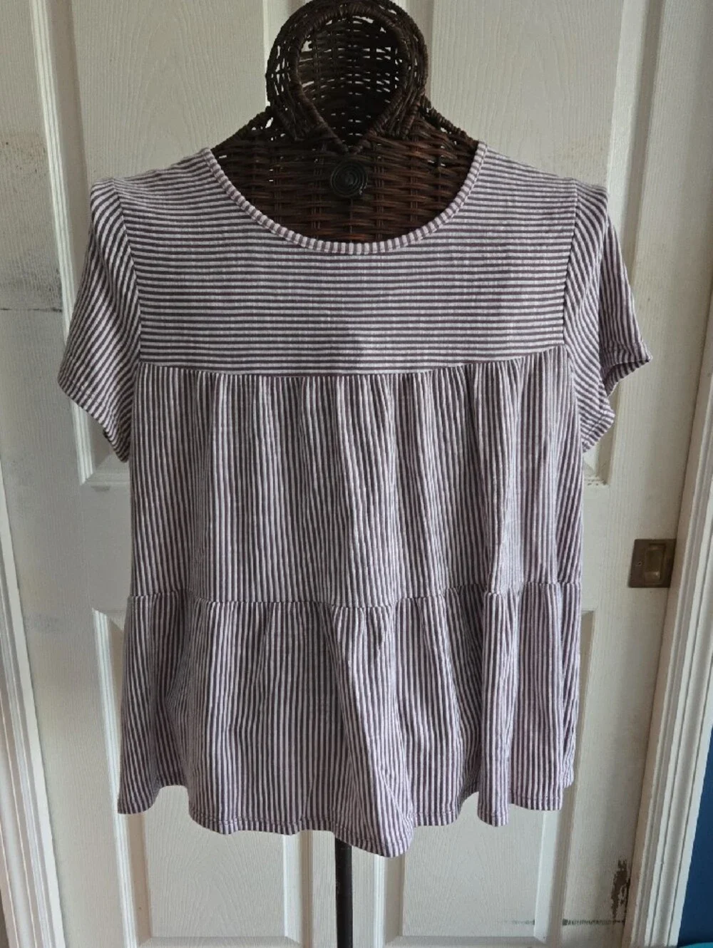 Exclusive One Striped Short-Sleeve Peplum Babydoll Top in Maroon Stripe-Size XL